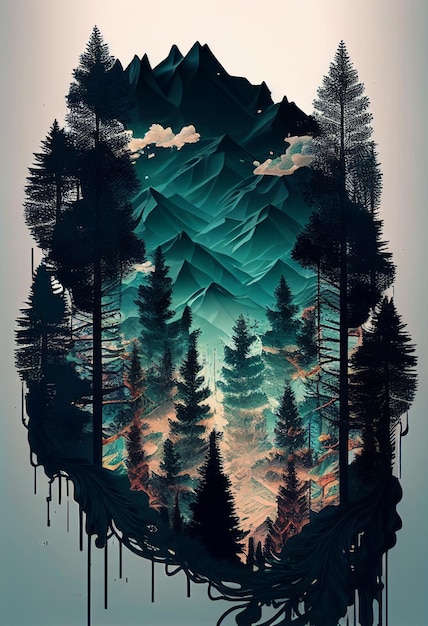 A digital art print of a mountain landscape with a forest and mountains in the background.