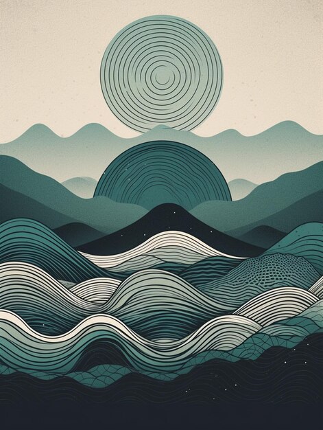 A digital art print of mountains and waves with the sun in the background.