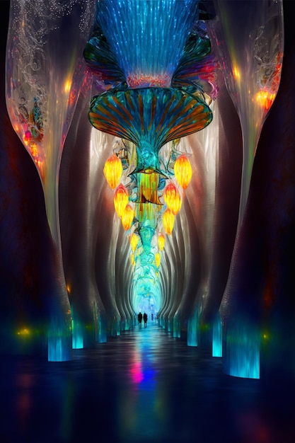 A digital art print of a tunnel with a large mushroom shaped structure.