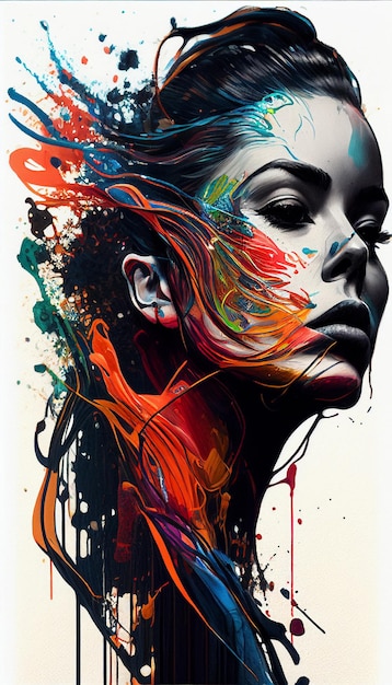 A digital art print of a woman's face with paint splatters.