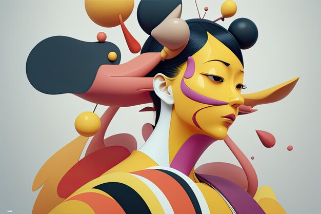 A digital art print of a woman with a face painted in different colors.