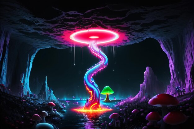 A digital art of a rainbow with a mushroom on the top