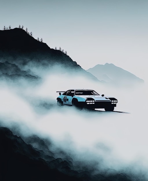 Digital art Rally car over blue mountain background