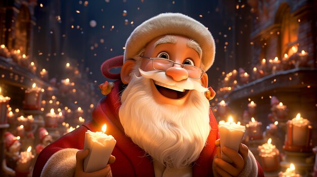 Digital art of Santa Claus amid a snowy Christmas night scene