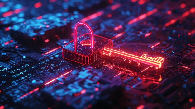 Photo a digital art scene where a neonlit key is unlocking a digital padlock made of binary code