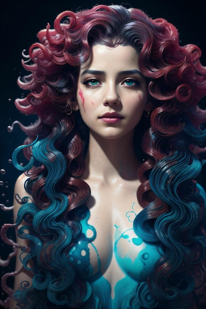 Digital art of sexy woman in realistic style with splashes of paint on blue with curled hair