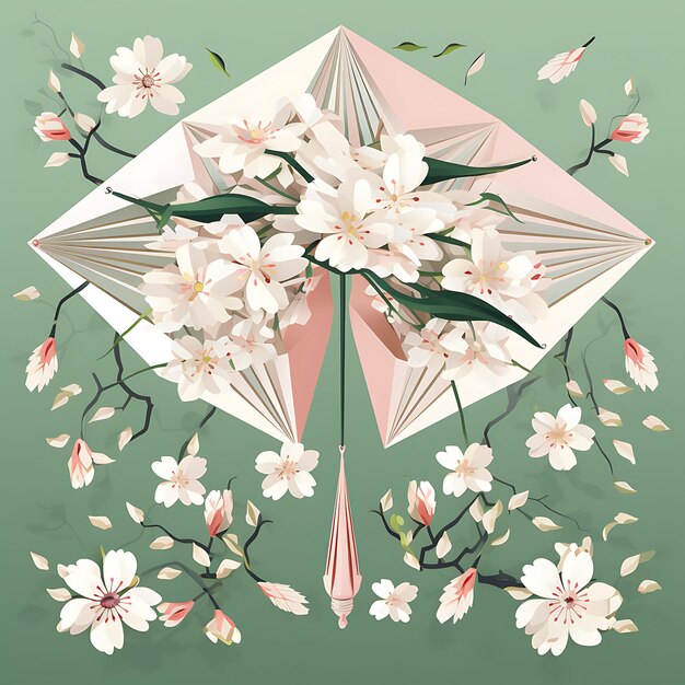 Photo digital art of silk kites nestled among almond blossoms surrounded by ribbo 2d design clipart flat