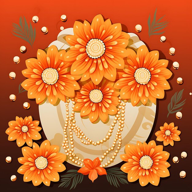 Photo digital art of silk pouches nestled among marigolds surrounded by beaded cu 2d design clipart flat