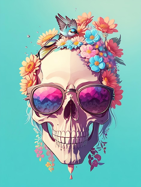 Digital art of a skull and a bird and a bouquet of flowers around