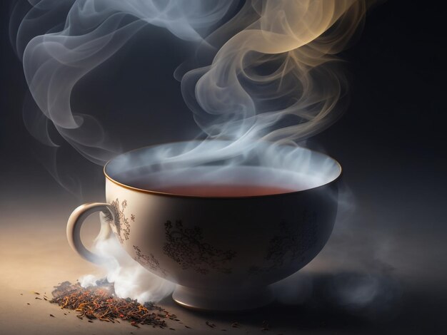 Digital art of steamy Tea cup in a bowl with smoke background AI generated