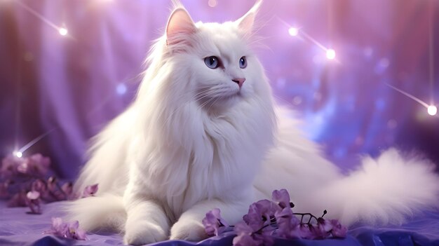 Photo digital art of stunning shining pure white cat with glowing light background