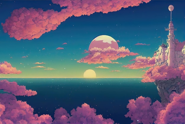 A digital art style of a sunset with a moon and clouds.