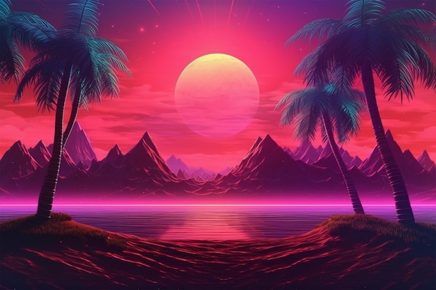 A digital art of a sunset with palm trees and mountains