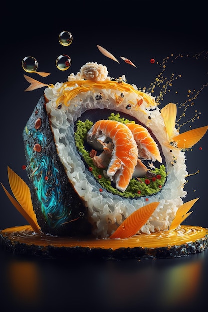 A digital art of a sushi with a picture of a shrimp on it.