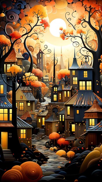 Digital art that transports us to a timeless fantasy within the heart of an autumn town