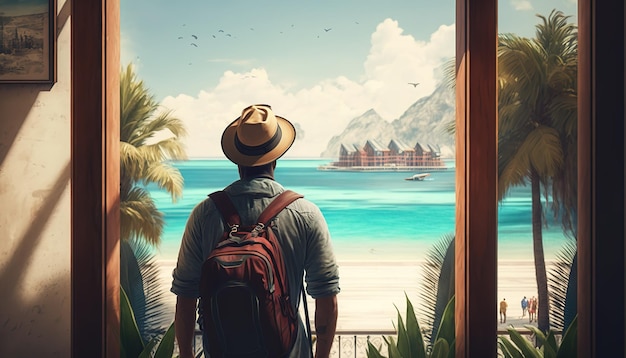 digital art  traveler man with hat and backpack standing on the balcony and looking at the sea