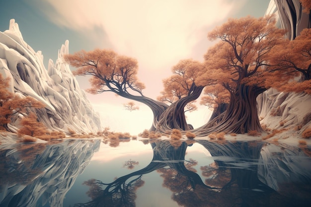 A digital art of trees in a lake