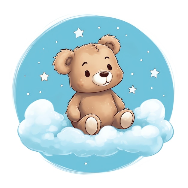 Photo digital art two cute teddy bears sitting on cloud and hugging a star sleeping bear on the moon