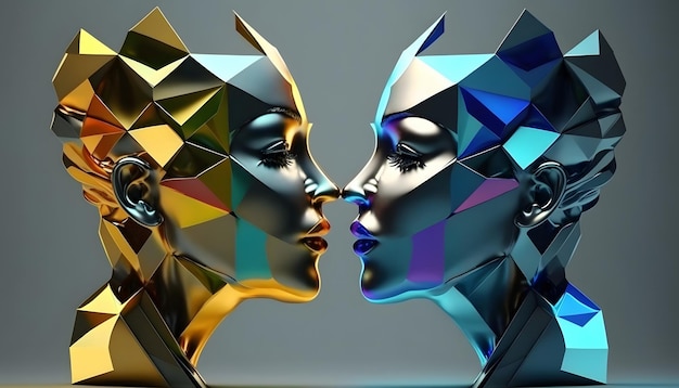 A digital art of two faces with different colors and the word love on them.