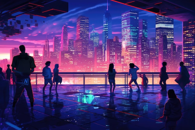 digital art of An urban rooftop with a neon lit dance floor surrounded by futuristic buildings