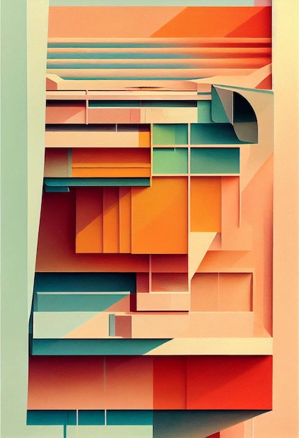 Digital art of various colorful squares forming the illusion of a house facade