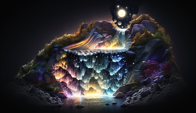 A digital art of a waterfall with a rainbow on the bottom.