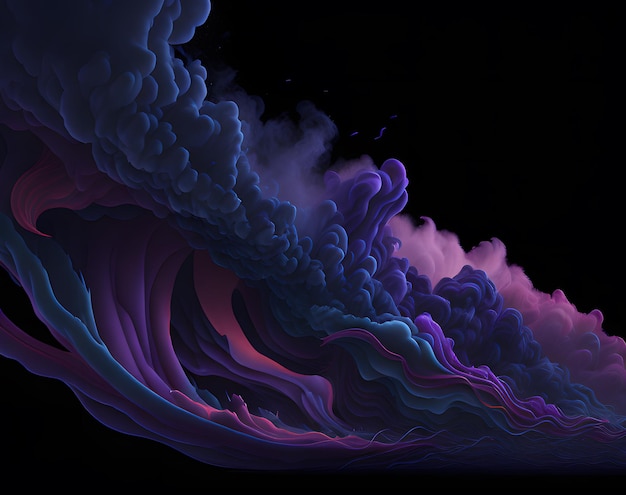 A digital art of a wave with a pink and blue smoke.