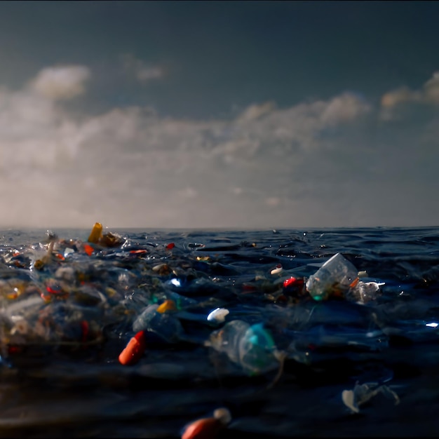 digital art, wide view of an ocean polluted with all kinds of rubbish