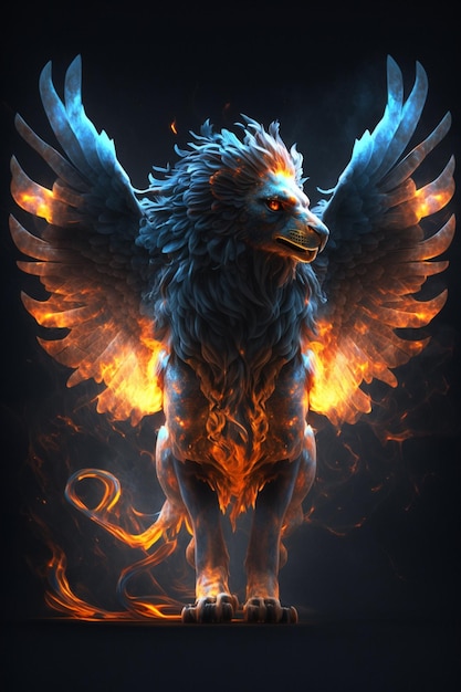 A digital art of a winged creature with wings and flames.