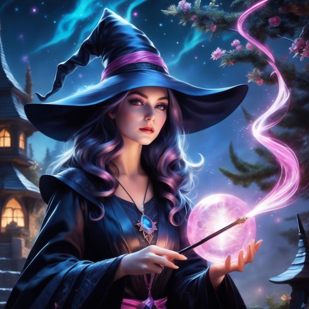 Photo digital art witch with pink eyes showcasing intricate hyper realistic details