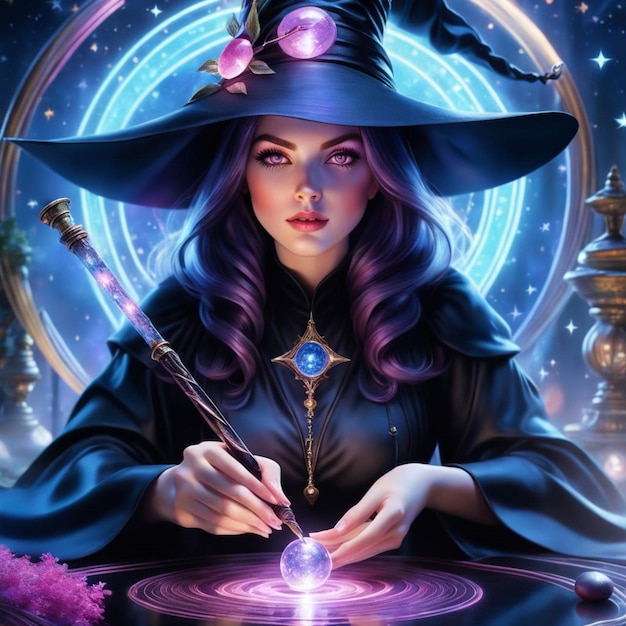 Photo digital art witch with pink eyes showcasing intricate hyper realistic details