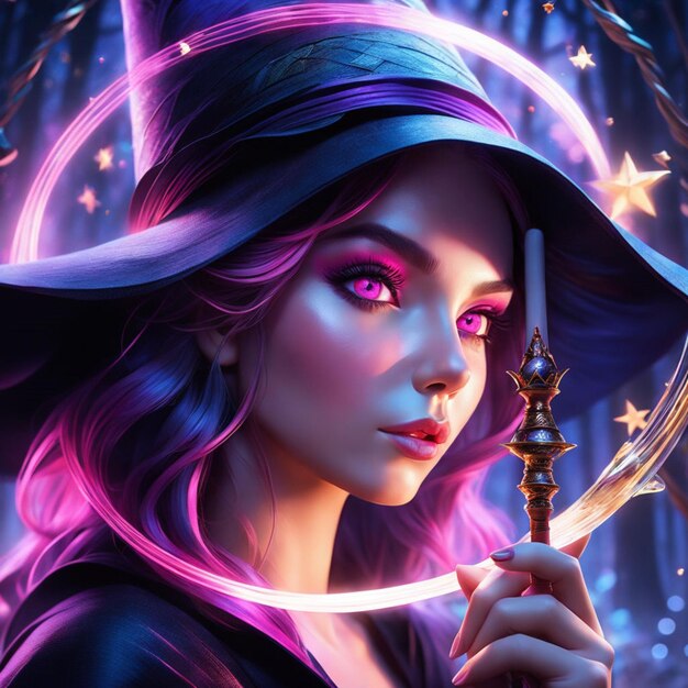 Digital art witch with pink eyes showcasing intricate hyper realistic details