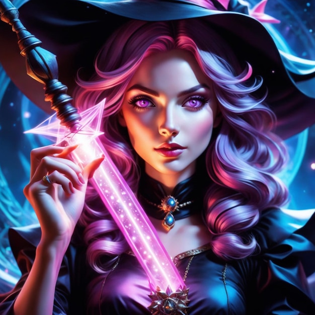 Digital art witch with pink eyes showcasing intricate hyper realistic details