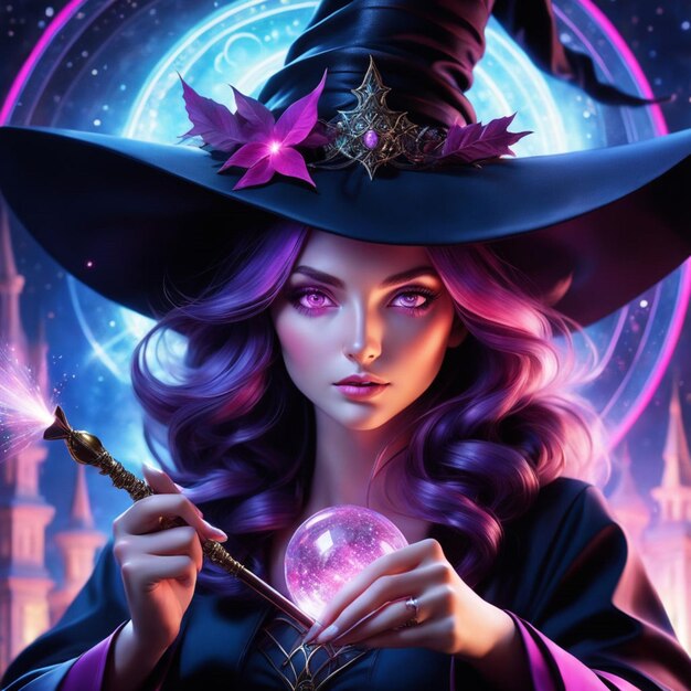 Photo digital art witch with pink eyes showcasing intricate hyper realistic details