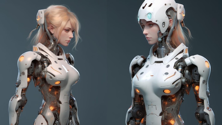 Photo 女性と大きなロボットフィギュアが一緒に立っているデジタルアート aig35