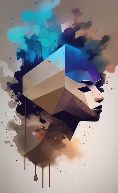 A digital art of a woman's face with a triangle in the center.