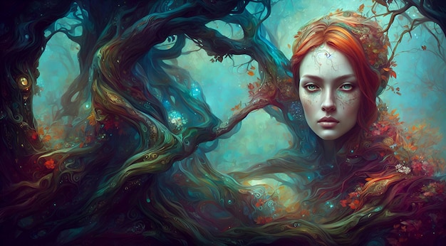 色とりどりの花と葉で覆われた木に囲まれた女性のデジタルアート