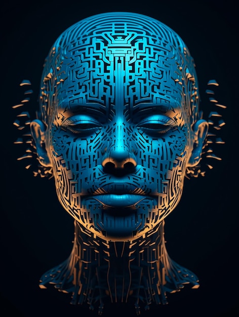 A digital art of a woman with a circuit board on the face.