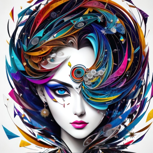 A digital art of a woman with colorful hair and a blue eye.