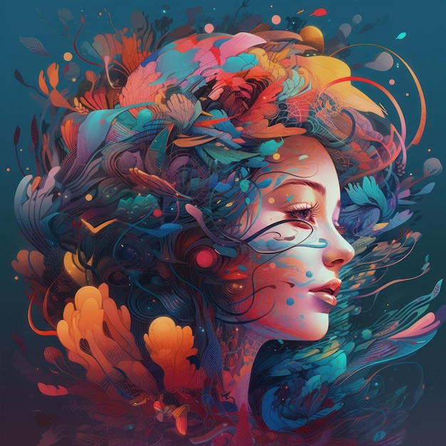 A digital art of a woman with flowers on her head