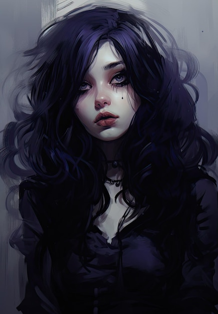 a digital art of a woman with long black hair