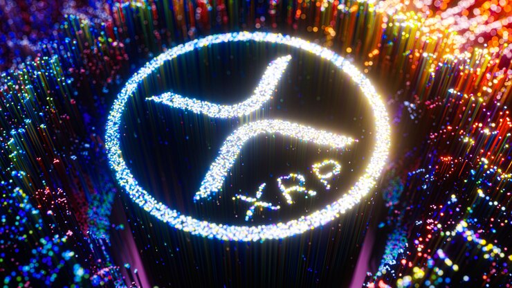 Digital Art XRP Logo Symbol. Ripple Cryptocurrency Futuristic 3D Illustration.