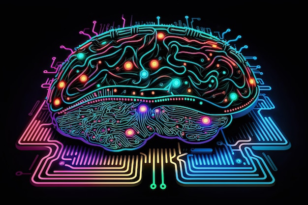 Cervello di intelligenza artificiale digitale con connessioni neurali a un processore e microchip