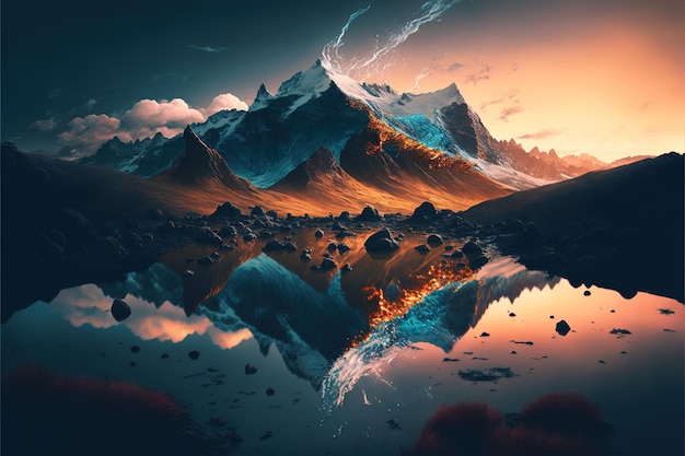 Digital artwork of beautiful and surreal mountain range landscape