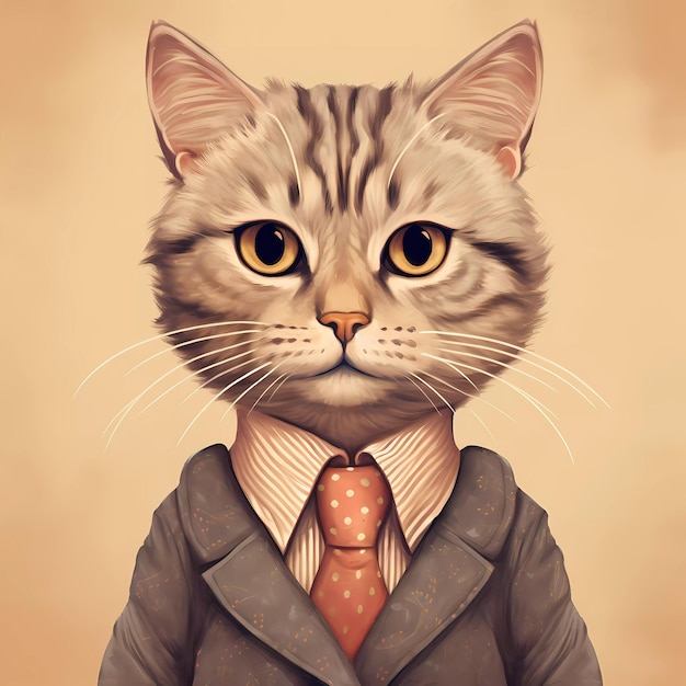 Digital artwork of a cat wearing a suit and a tie