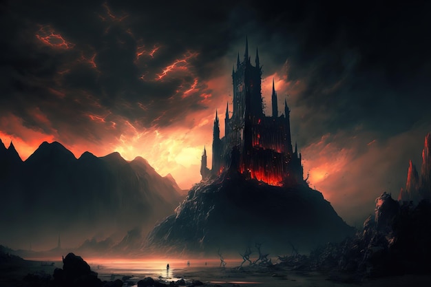 Digital artwork of a dismal hellish atmosphere and a dark castle in a valley