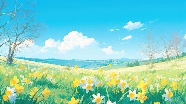 a digital artwork displaying a field of daffodils