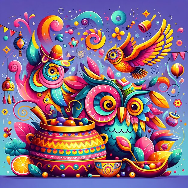 Digital artwork featuring colorful owls perched on top of colorful teapots