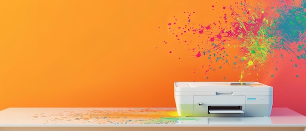 Photo a digital artwork featuring a minimalist office with a white printer against a vibrant orange wall