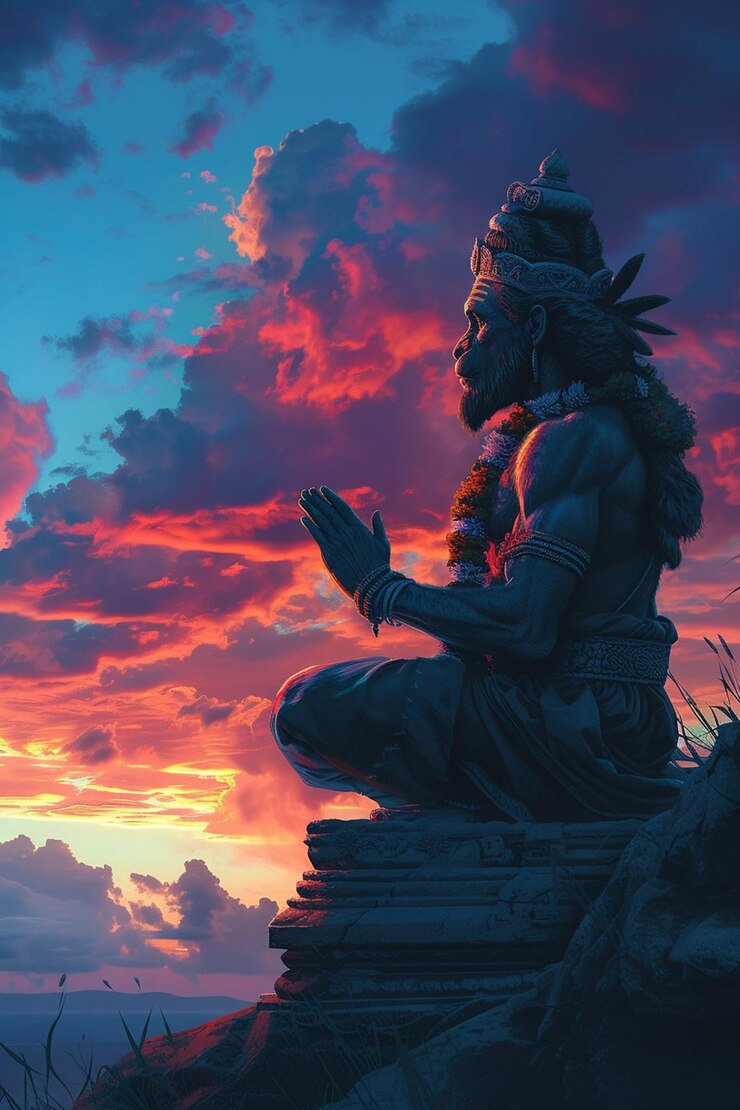 Photo a digital artwork of hanuman offering his humble prayers to lord rama
